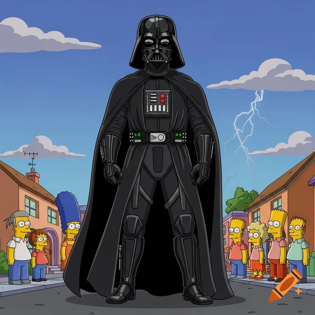 Darth Vader, stylized as a yellow cartoon character, stands imposing on a suburban street as various Simpsons characters look on, with a lightning bolt in the sky.