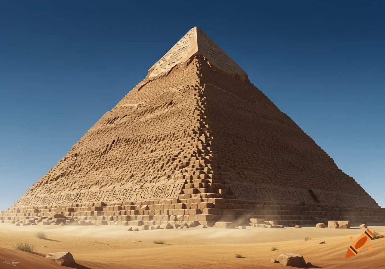 A massive, photorealistic pyramid stands prominently in a vast desert landscape under a clear blue sky.