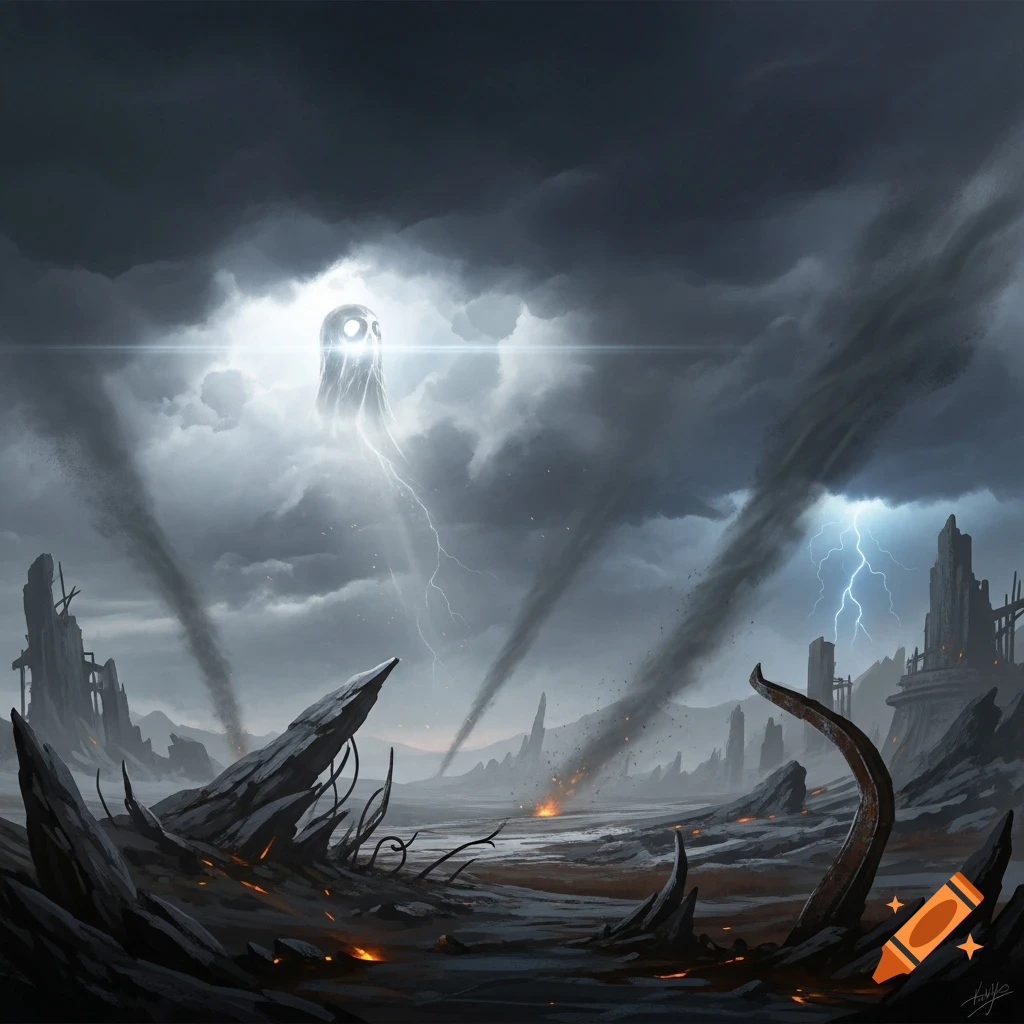 A dark, desolate wasteland under a stormy sky with tornadoes and a glowing, ghostly entity in the clouds.