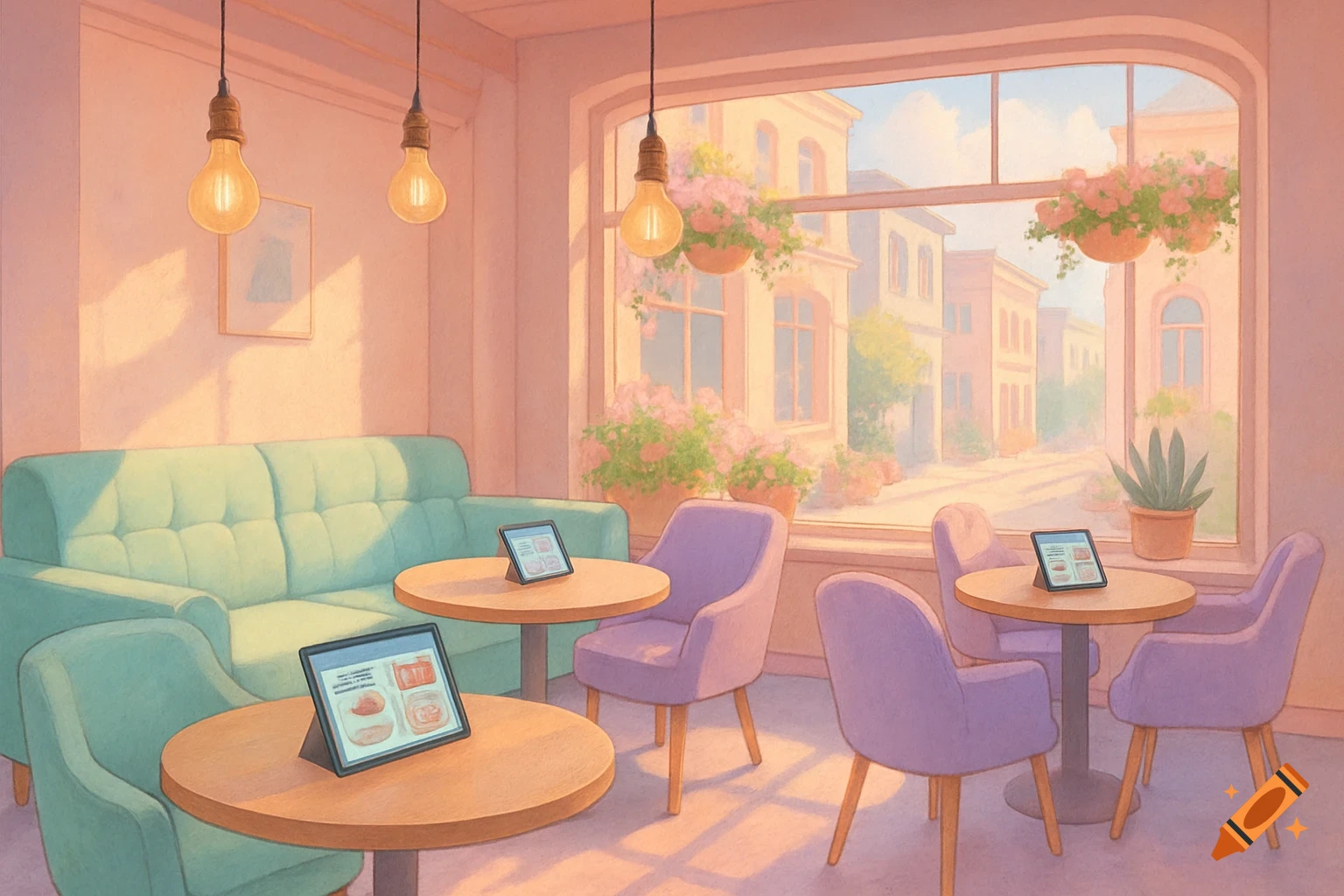 A soft pastel cafe interior with a mint green couch and lavender chairs, wooden tables with digital menu tablets, and a large window looking out onto a street with flower baskets.