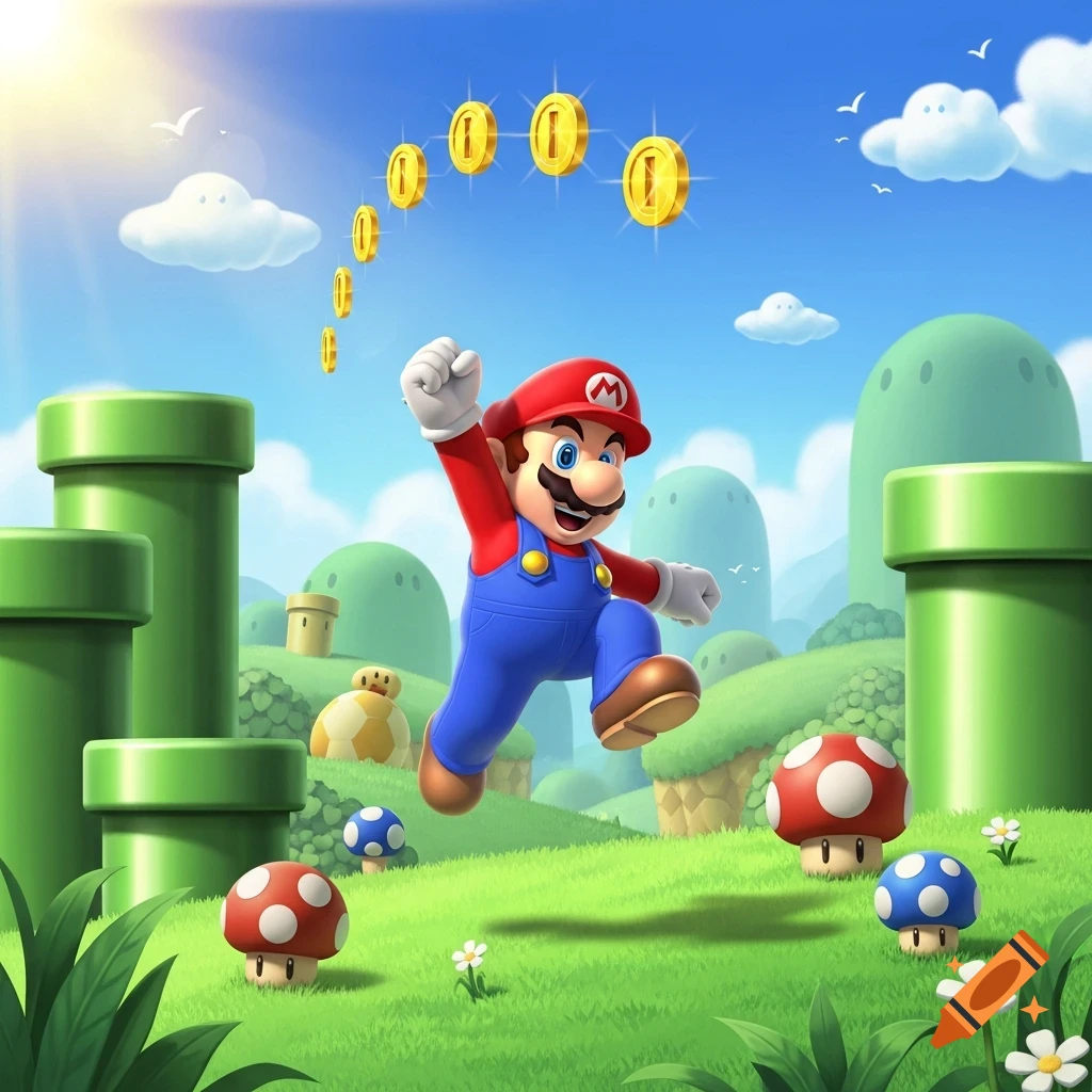 Super Mario jumps in a vibrant green landscape with pipes, coins, and mushrooms under a bright blue sky.