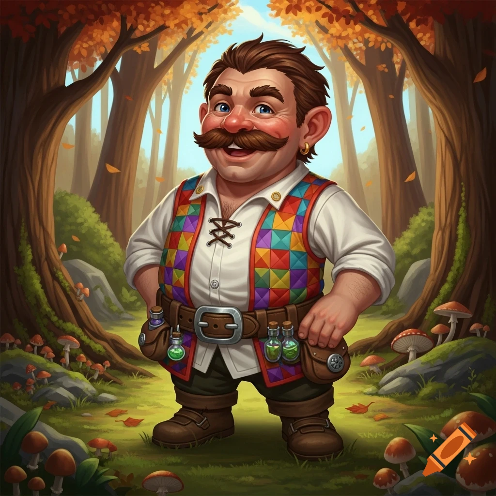 A friendly gnomish man with a mustache and colorful vest stands in an autumn forest, surrounded by mushrooms.