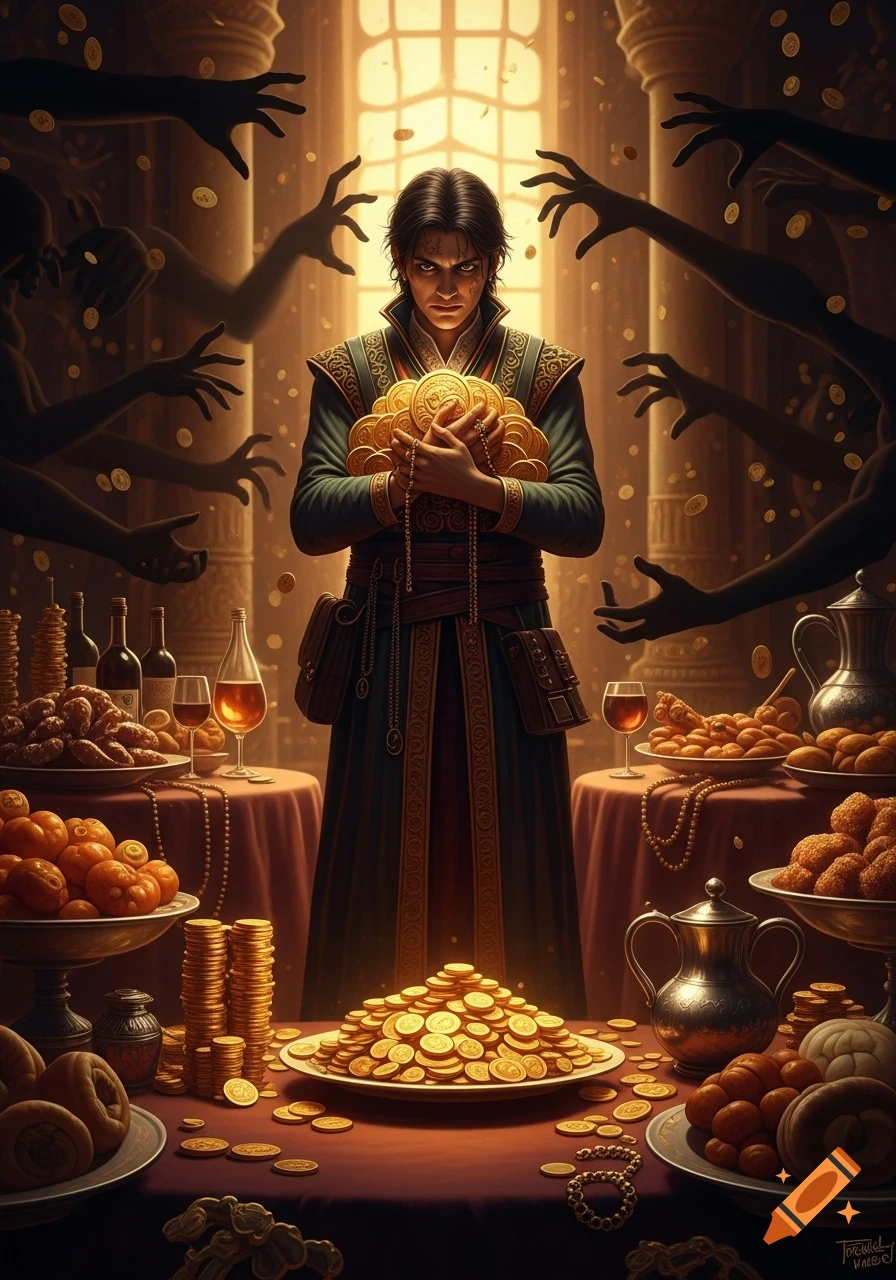A figure clutches a pile of gold coins, surrounded by lavish food and shadowed grasping hands, symbolizing greed in an opulent room.