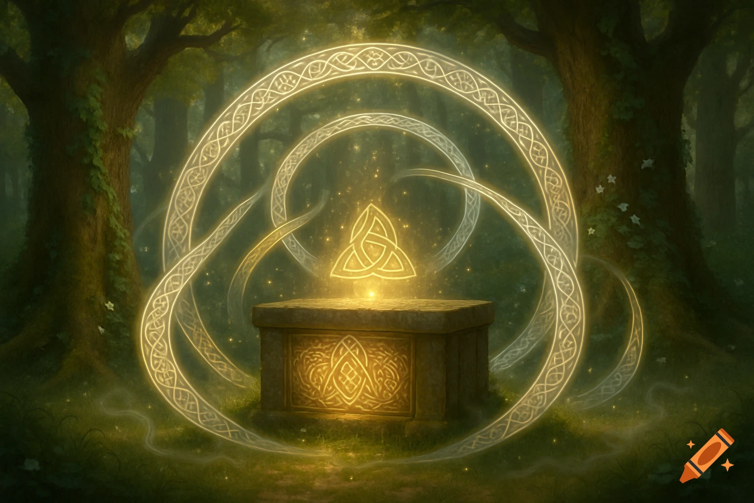 Ethereal forest scene with a glowing Celtic knot triquetra over a stone altar, surrounded by luminous swirling Celtic patterns.