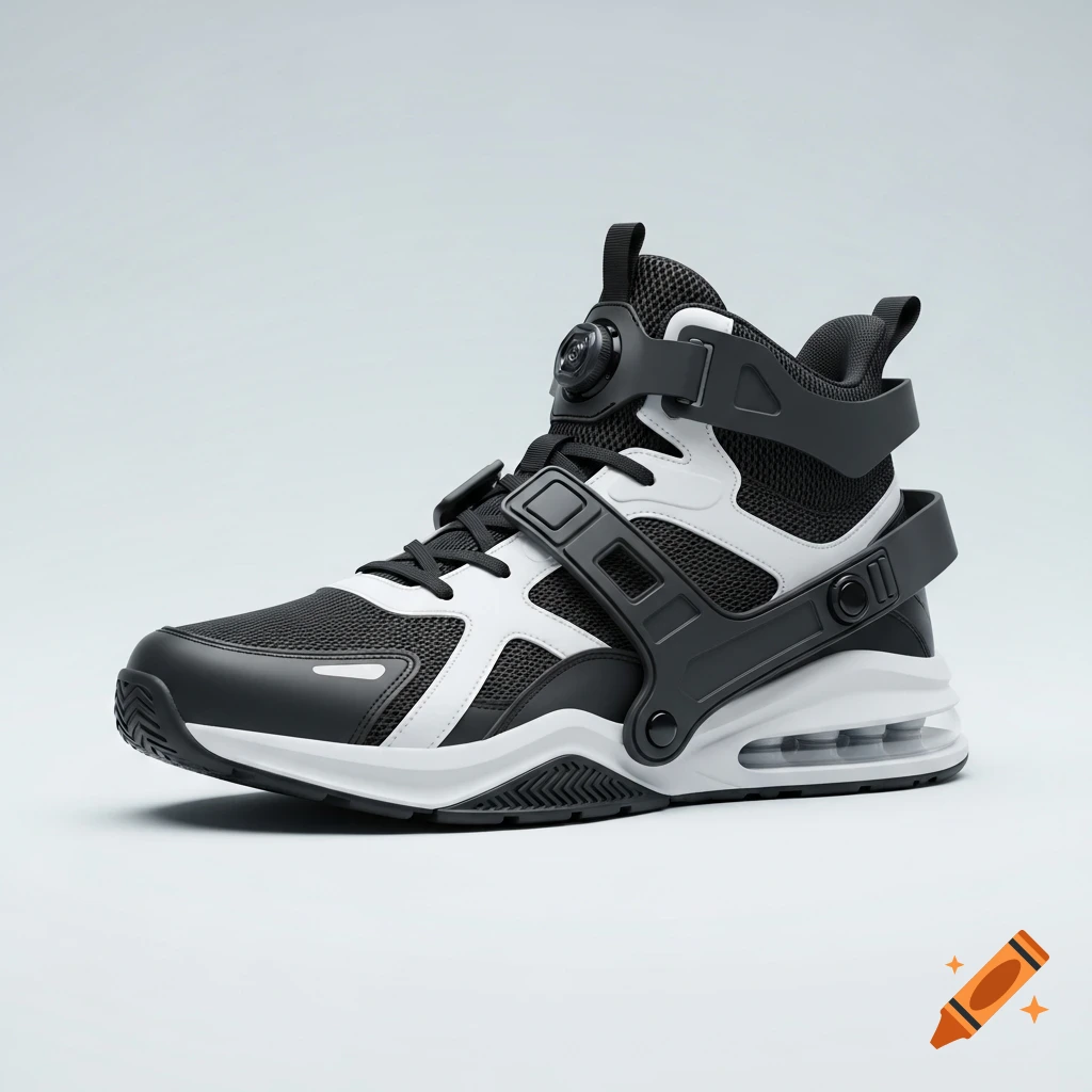A sleek, black and white mid-top athletic sneaker with an ankle-brace system, rendered as a 3D product visualization on a light background.