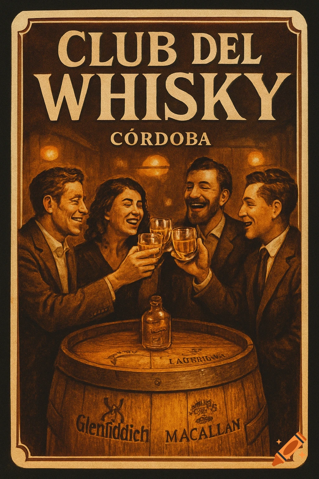 A vintage-style poster depicts four friends happily toasting with whisky glasses around a wooden barrel, with a bottle on top. Text reads "CLUB DEL WHISKY CORDOBA" and partially legible whisky brands like Glenfiddich and Macallan.