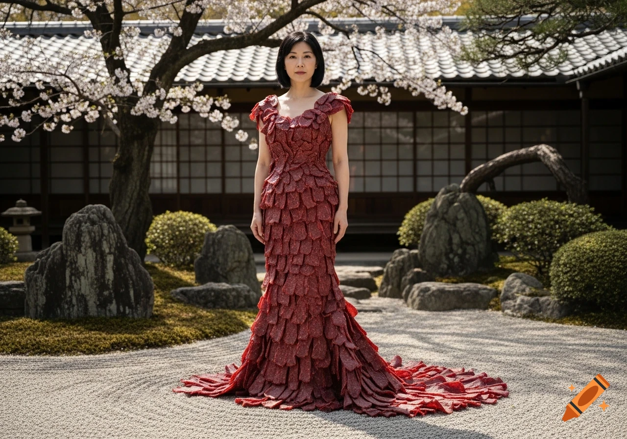 A Japanese woman models a dress made of beef jerky in a traditional garden with cherry blossoms.