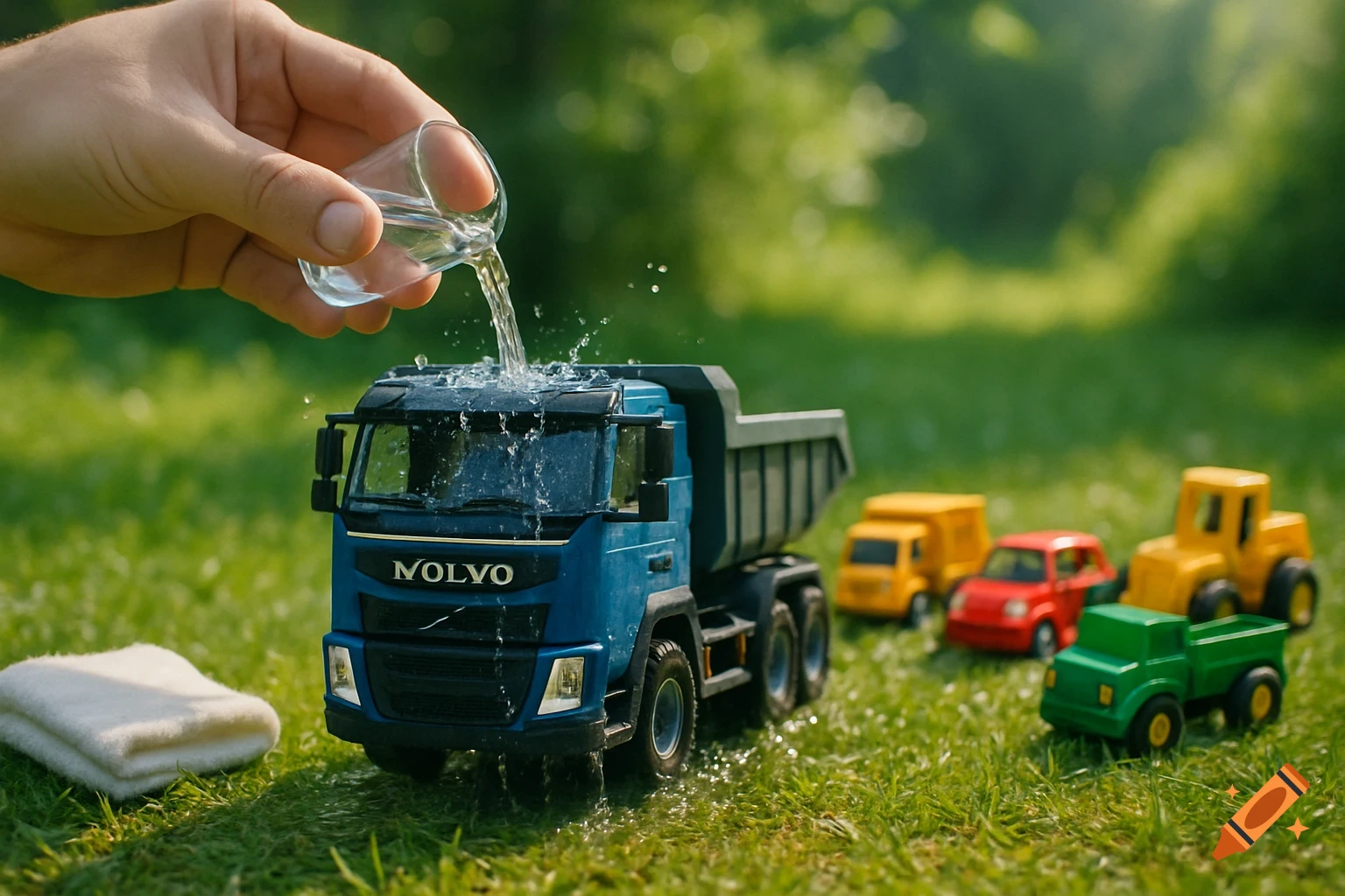 A hand pours water onto a blue toy Volvo dump truck, splashing droplets on its cab, with other toy vehicles visible on green grass.