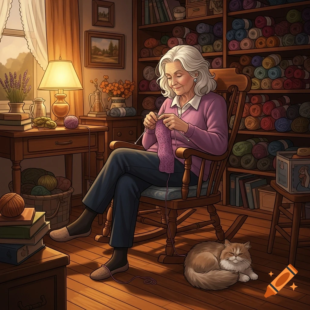 An elderly woman with white hair knits a purple scarf in a rocking chair in a cozy room, with shelves of yarn and a cat on the floor.