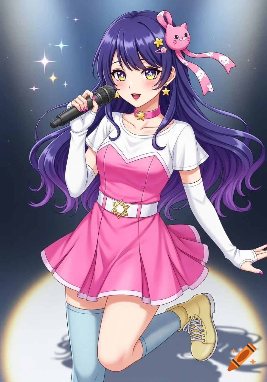 Anime idol with long purple hair, wearing a pink dress and star accessories, singing into a microphone on stage.