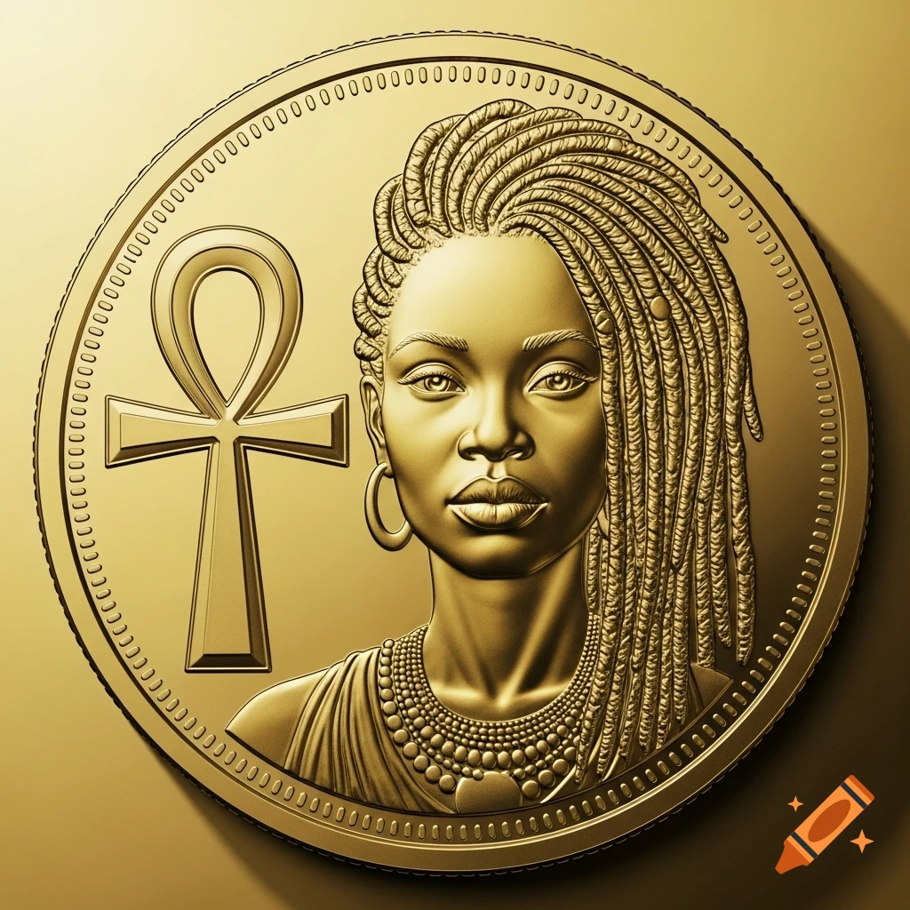 A gold coin features a relief of a Black woman with dreadlocks and an Ankh symbol, set against a golden background.