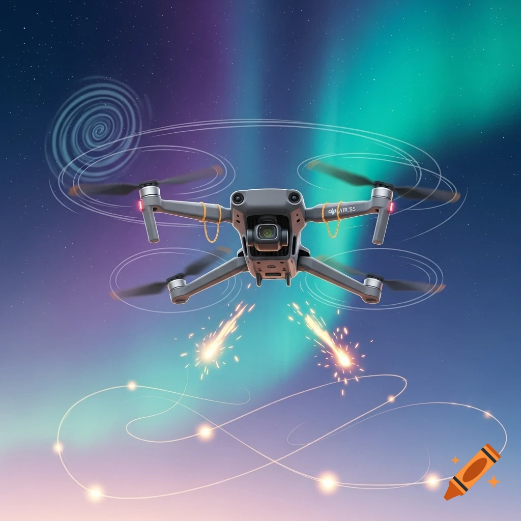 A stylized illustration of a DJI Air drone adorned with gold chains, flying against a vibrant night sky with aurora borealis and glowing light trails.