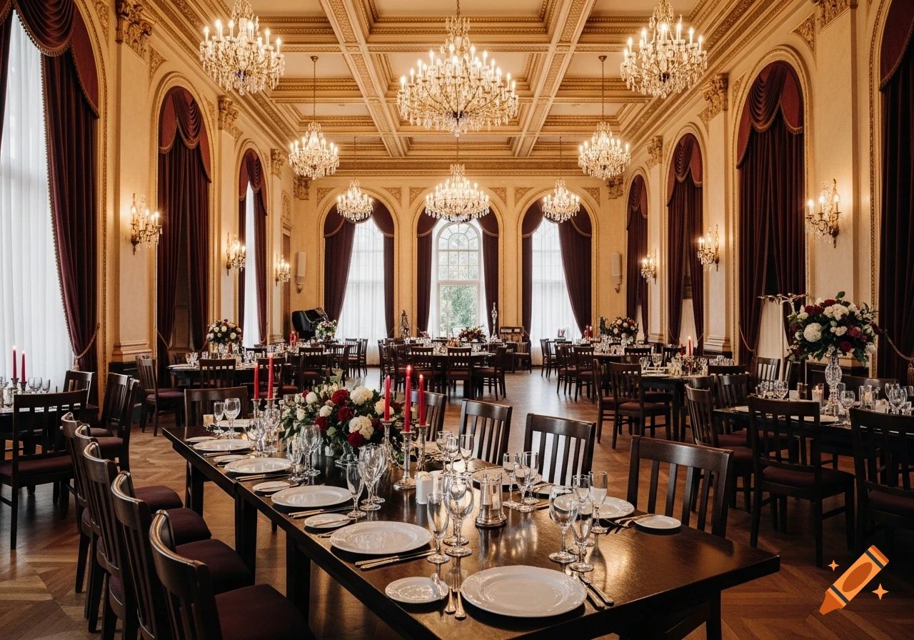 An opulent dining hall with many long tables set with plates, glasses, and red floral centerpieces under grand chandeliers.