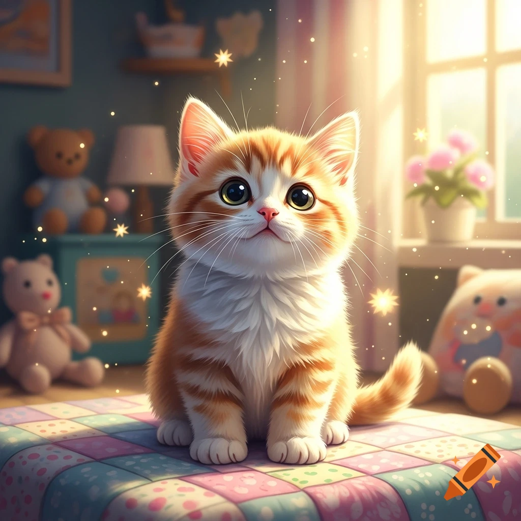 A cute, fluffy orange and white tabby kitten with big green eyes sits on a pink and blue quilted blanket, surrounded by soft light and sparkles in a cozy room.