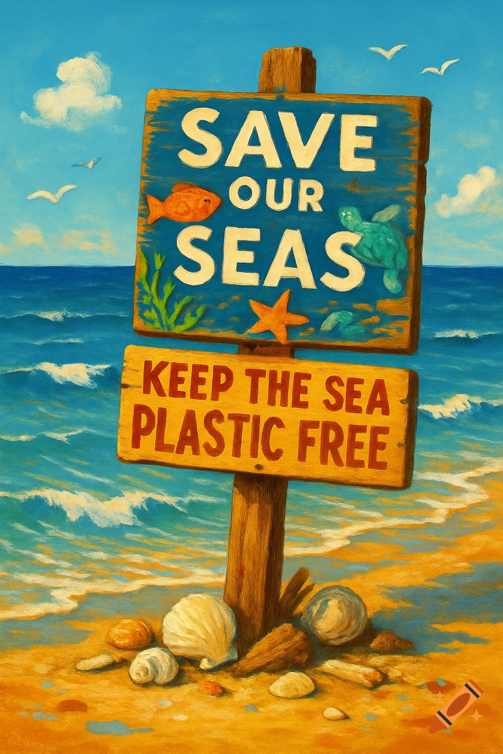 An illustrated beach scene with a wooden sign reading 'SAVE OUR SEAS' and 'KEEP THE SEA PLASTIC FREE', surrounded by seashells.