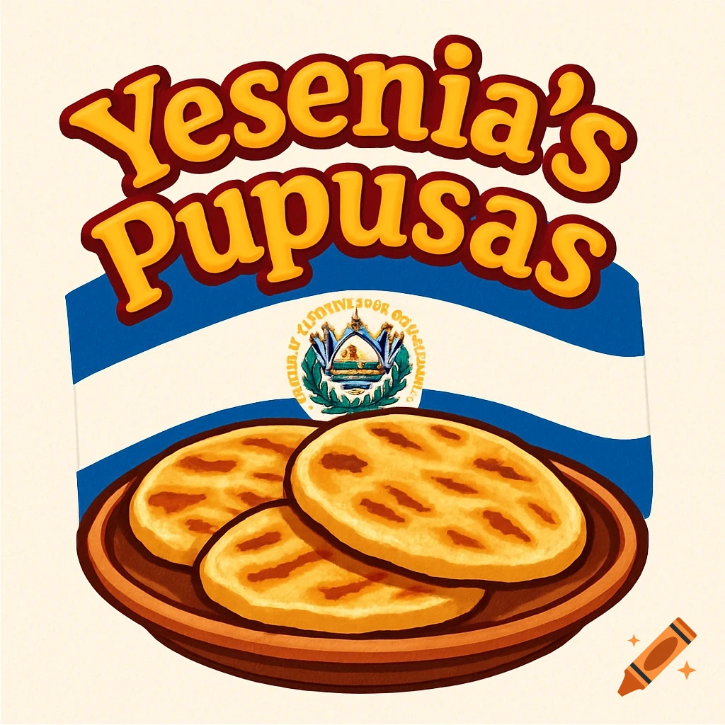 Clipart logo for Yesenia's Pupusas with three pupusas on a plate in front of the Salvadoran flag.