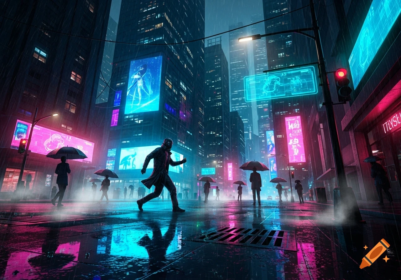 A person in a trench coat runs through a neon-lit cyberpunk city street at night in the rain, with reflections on the wet pavement.