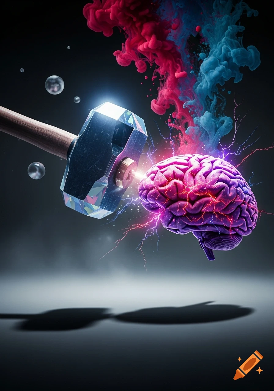 A faceted crystal hammer strikes a glowing purple brain, surrounded by electric sparks and swirling pink and blue smoke on a dark, reflective surface.