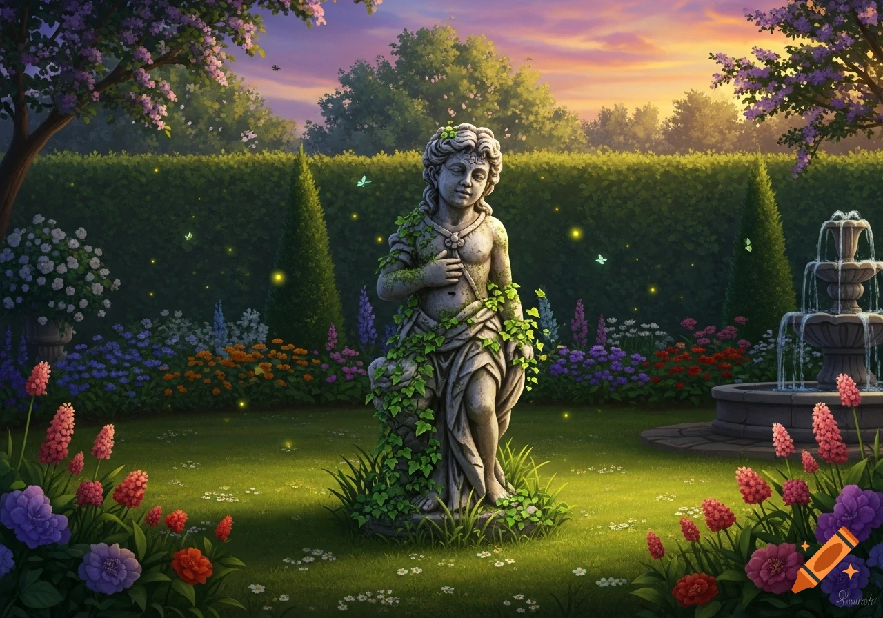 A stone statue covered in ivy stands in a lush, vibrant garden with colorful flowers, hedges, a fountain, and sparkling fireflies at sunset.