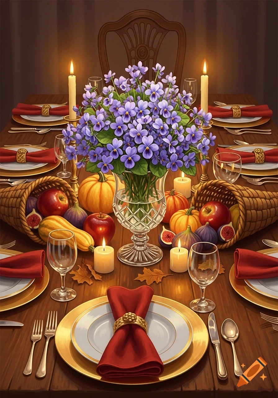 A beautifully set Thanksgiving table features a vibrant bouquet of purple violets, glowing candles, cornucopias spilling with autumn fruits, and elegant place settings.