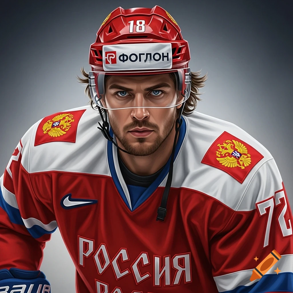 A stylized portrait of a serious Russian male hockey player in a red and white uniform and helmet.