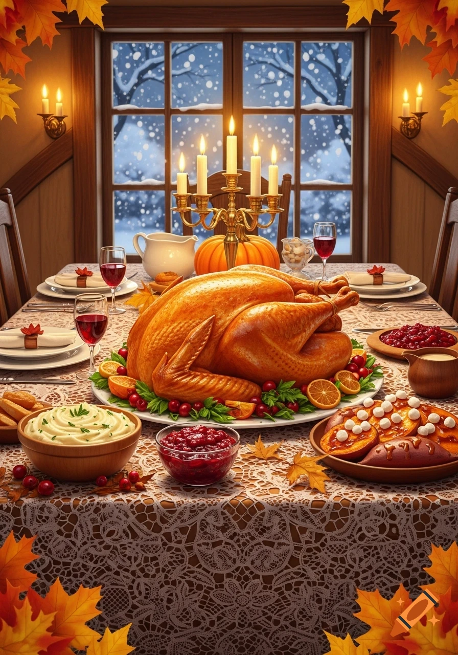 A photorealistic Thanksgiving dinner table with a roasted turkey, various side dishes, lit candles, and a snowy window.