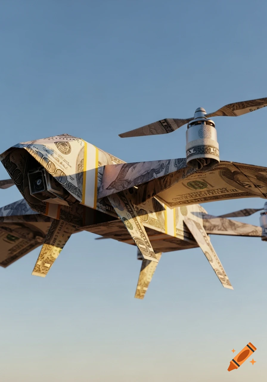A drone crafted from US dollar bills, with propellers and camera details, flying against a clear blue sky.
