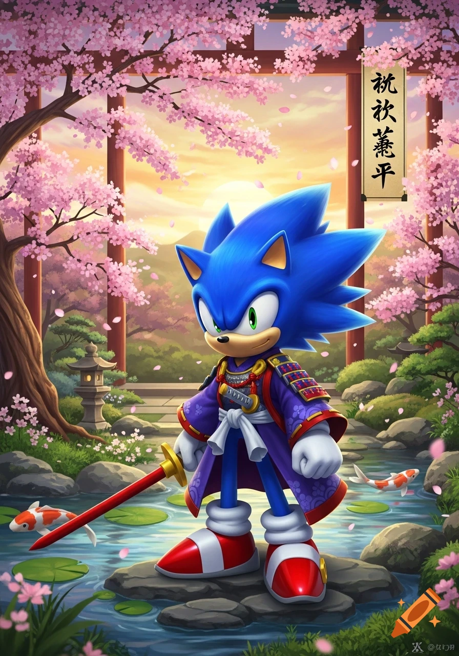 Sonic the Hedgehog dressed as a samurai, standing with a sword in a beautiful Japanese garden with cherry blossoms, a pond with koi fish, and a torii gate.