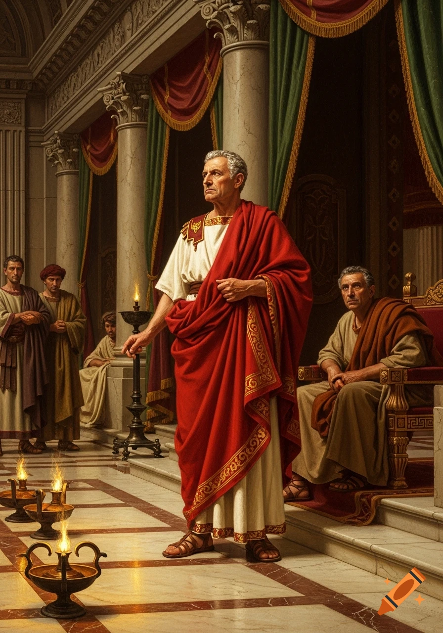 A Roman senator in a red toga addresses men in a grand hall with pillars and oil lamps, depicted in a classical painting style.
