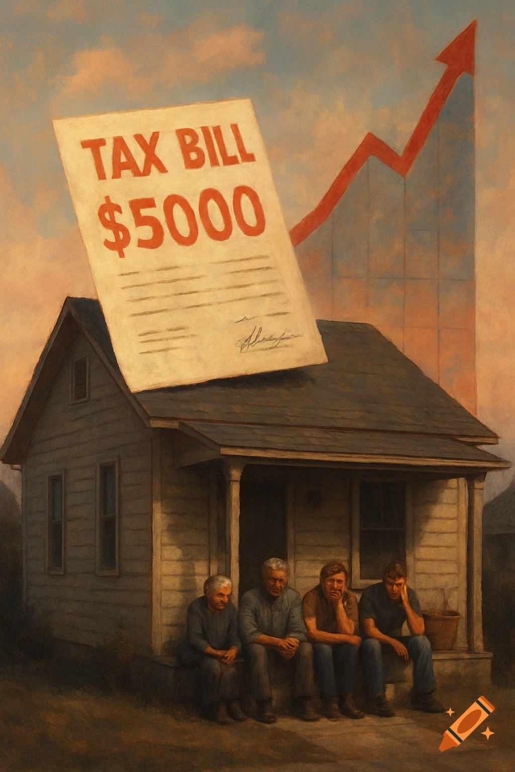 Painterly image of four distressed people sitting on a porch of a house, with a huge 'TAX BILL $5000' and a rising red graph above them.