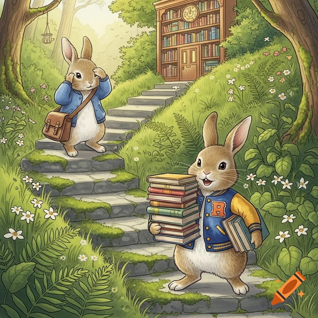 Two Beatrix Potter-style bunnies on forest stairs, one with a messenger bag, the other with books, heading to a library in a tree.
