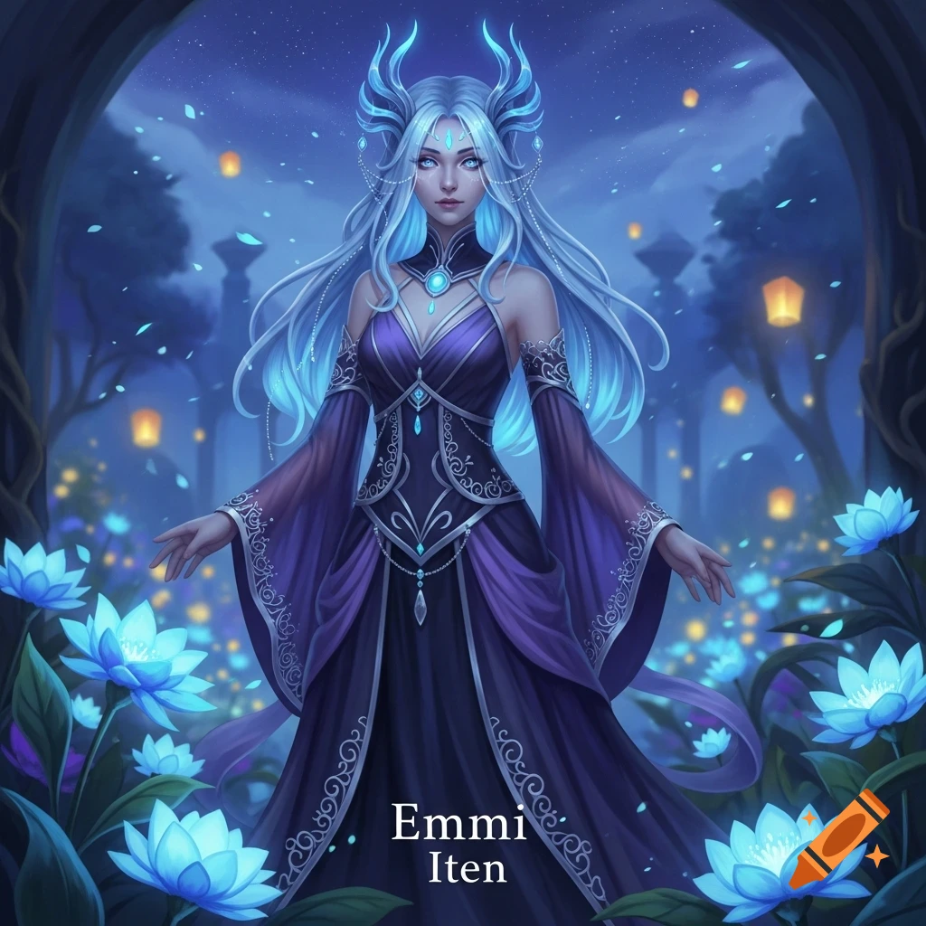 A fantasy woman with long silver hair and glowing horns in a magical ...