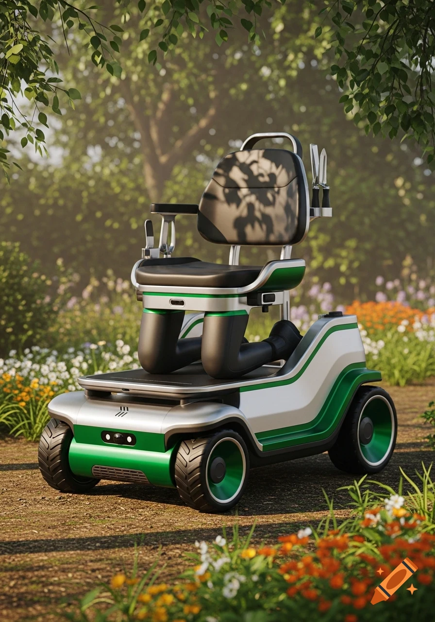 A modern green and silver gardening device designed for kneeling, on a dirt path in a lush garden with trees and flowers.