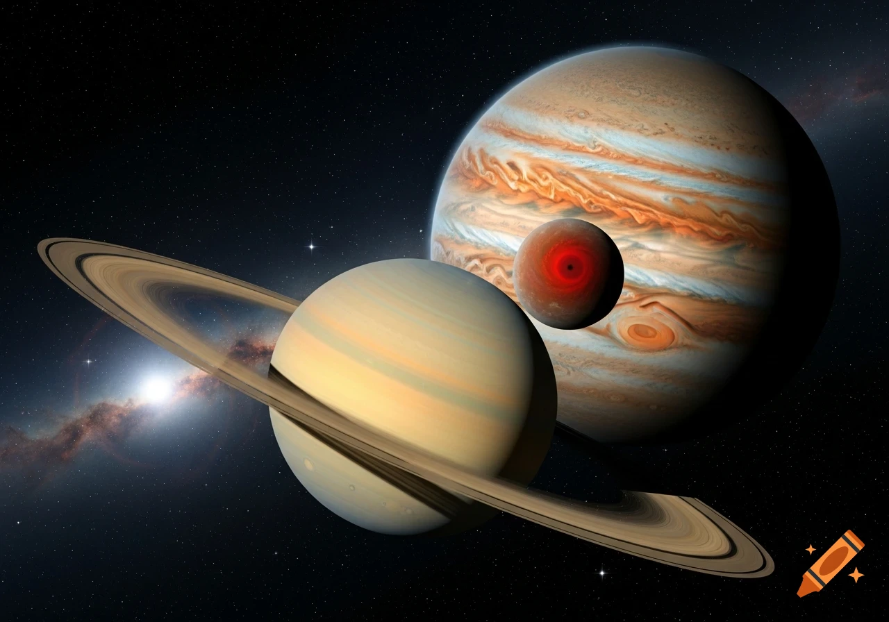 Photorealistic image of Saturn and its rings, Jupiter, and a smaller red planet in deep space with stars and a nebula.