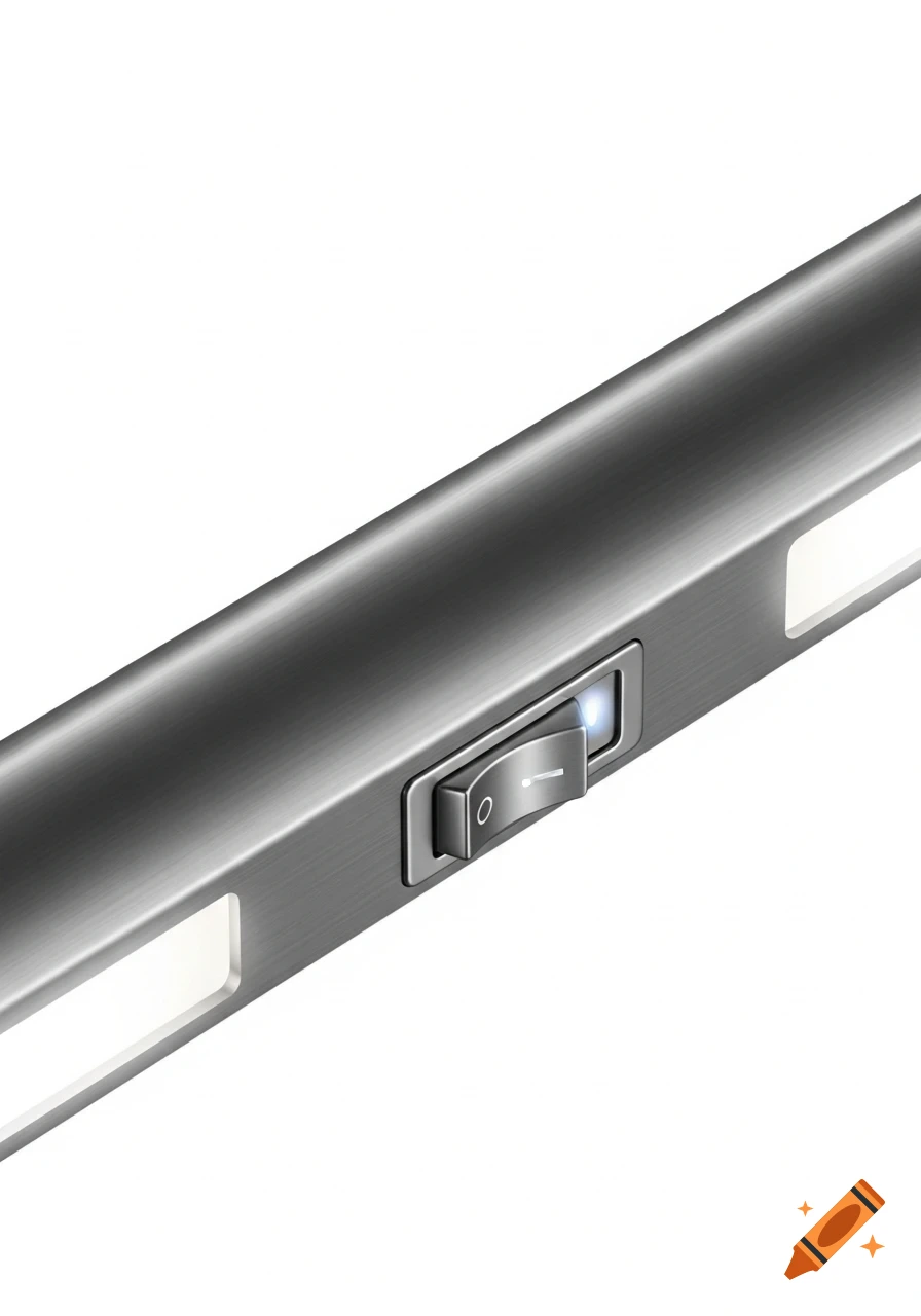 A close-up of a brushed metal lamp with a rectangular switch featuring '0' and 'I' symbols, set against a white background.