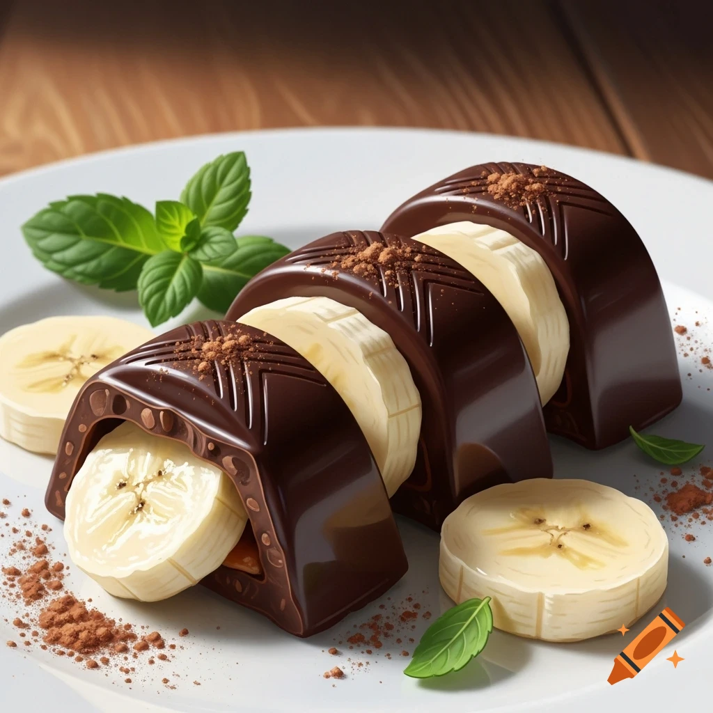 Photorealistic close-up of several chocolate-covered banana slices on a white plate, garnished with mint and cocoa powder.