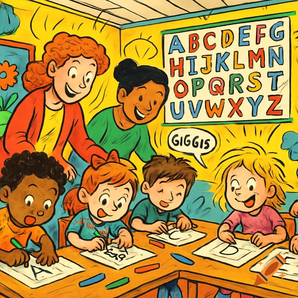 Comic style illustration of diverse children practicing writing letters in a colorful kindergarten classroom with two teachers and an alphabet chart.