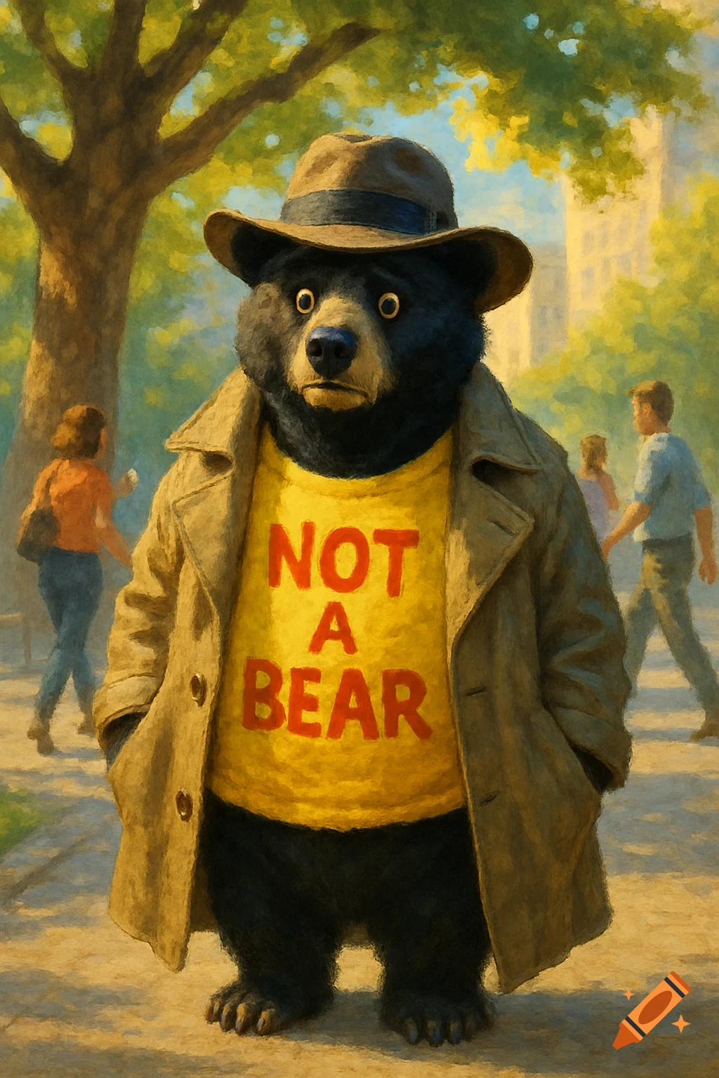 A black bear in a trench coat, fedora, and a yellow t-shirt reading 'NOT A BEAR' stands in a park in a painterly style.