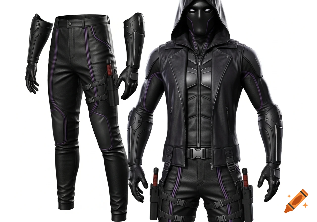 A photorealistic render of a black stealth suit with violet highlights, featuring pants, armored sleeves, a hooded vest, utility belt, and billy clubs.