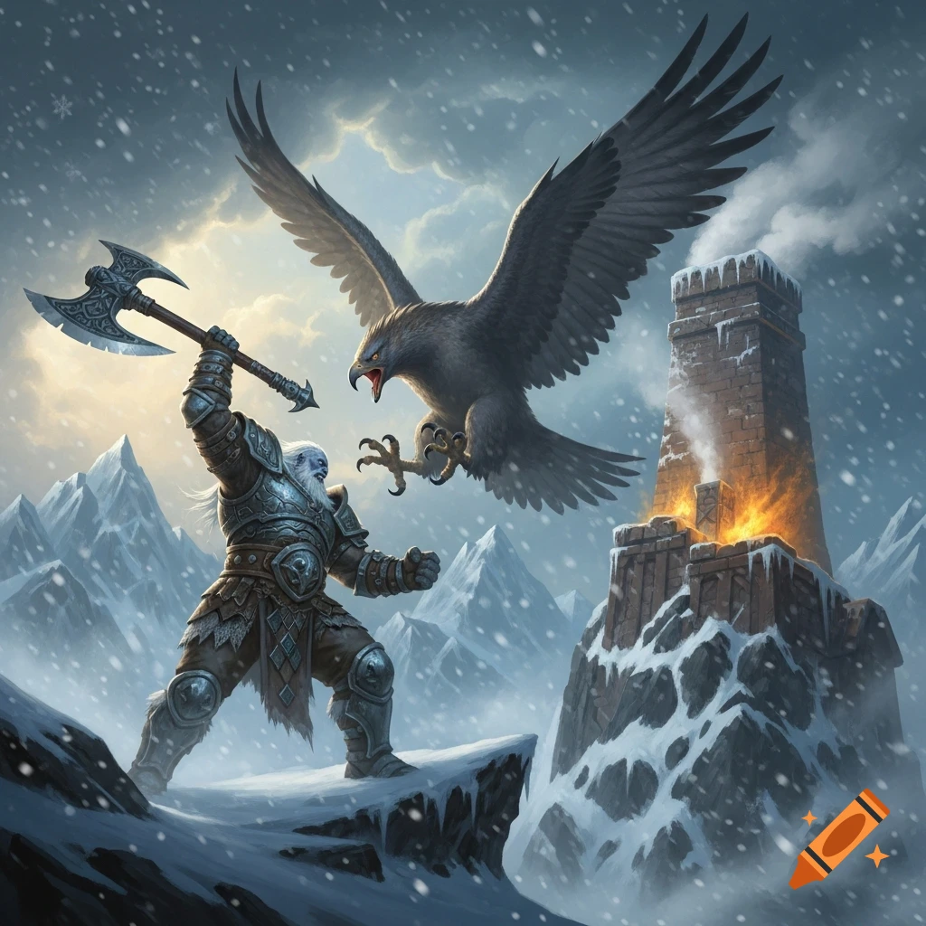 A white-haired giant in armor raises an axe to fight a huge eagle-like roc in a snowy mountain landscape, with a smoking dwarven chimney tower.