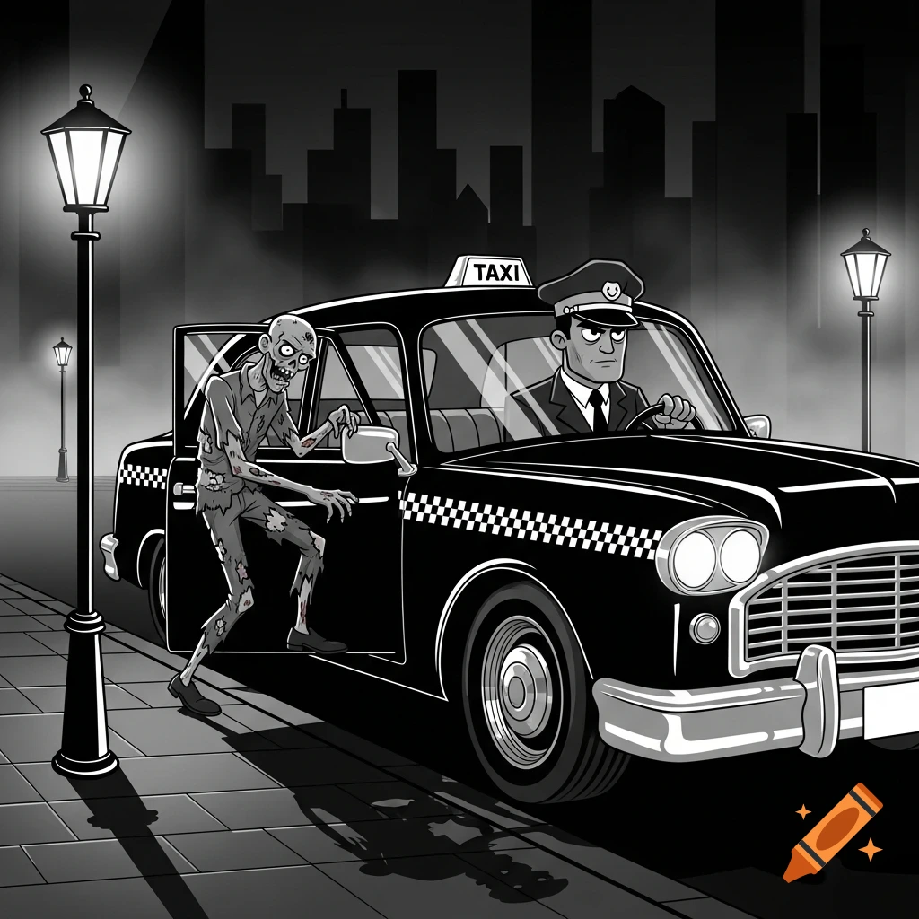 A black and white cartoon shows a zombie with torn clothes getting into a taxi, driven by a man, on a city street at night.