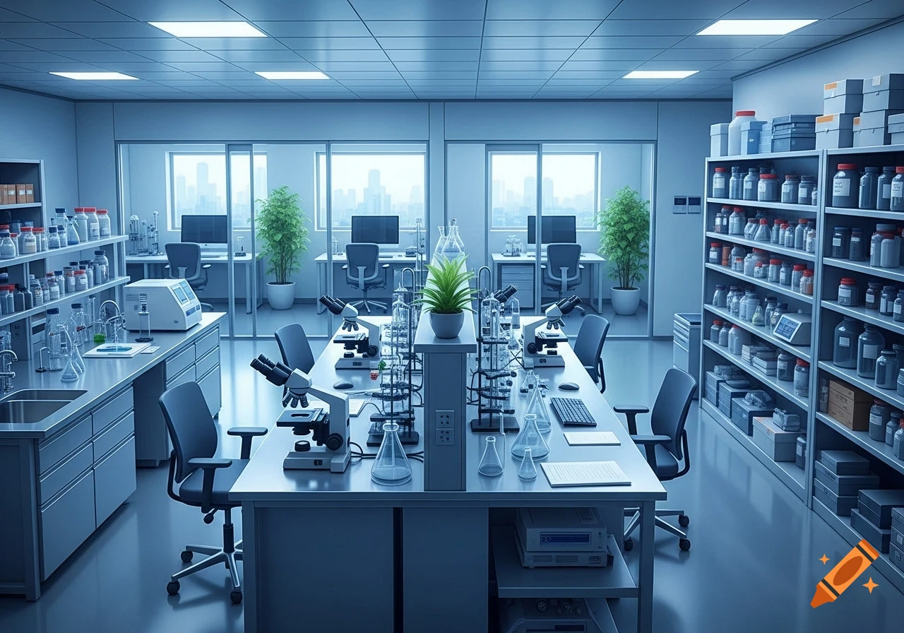 A clean, modern wet lab with microscopes, beakers, and lab equipment on tables, and shelves filled with supplies.