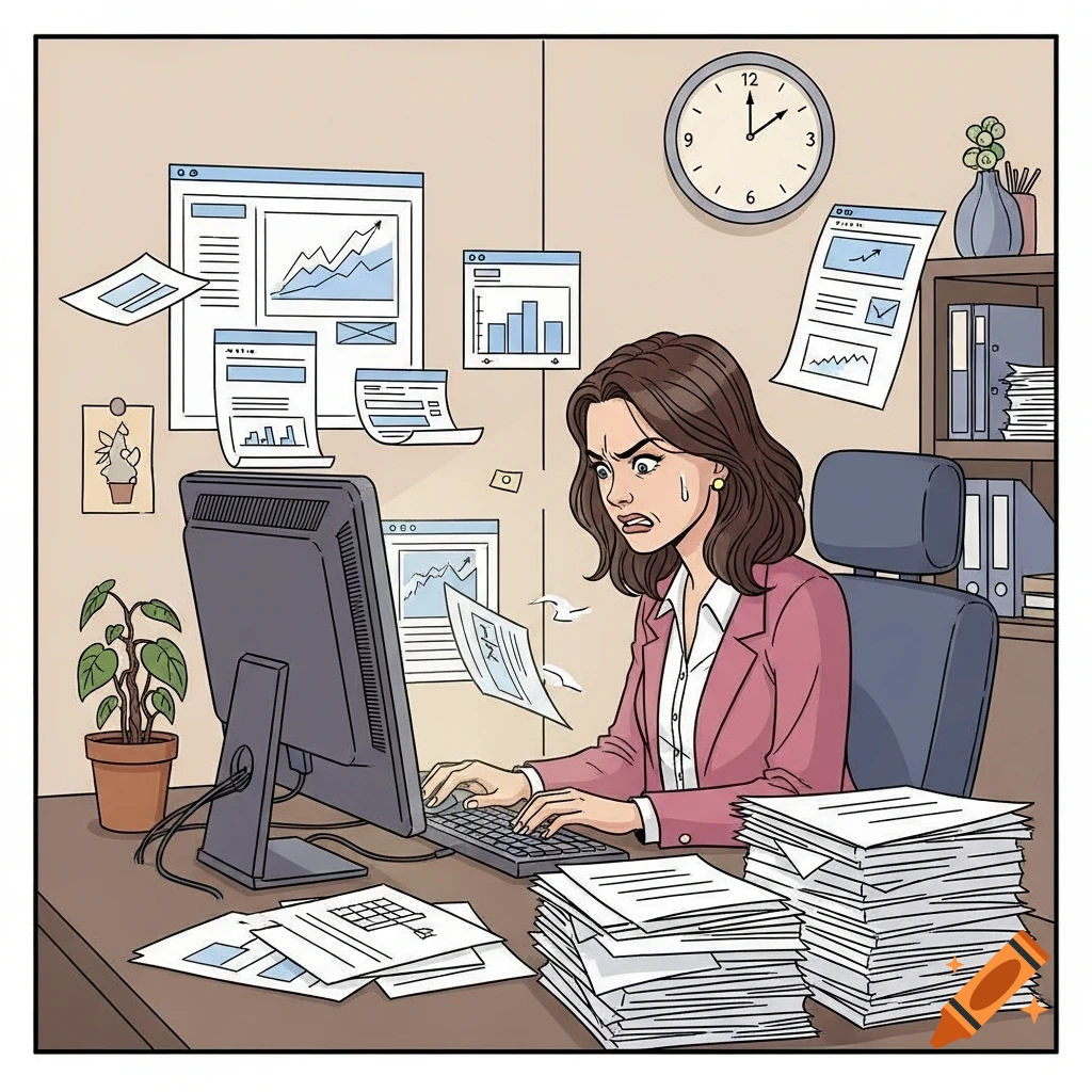 A stressed woman with dark hair works at a desk, surrounded by stacks of papers and computer screens displaying charts, in a comic style.