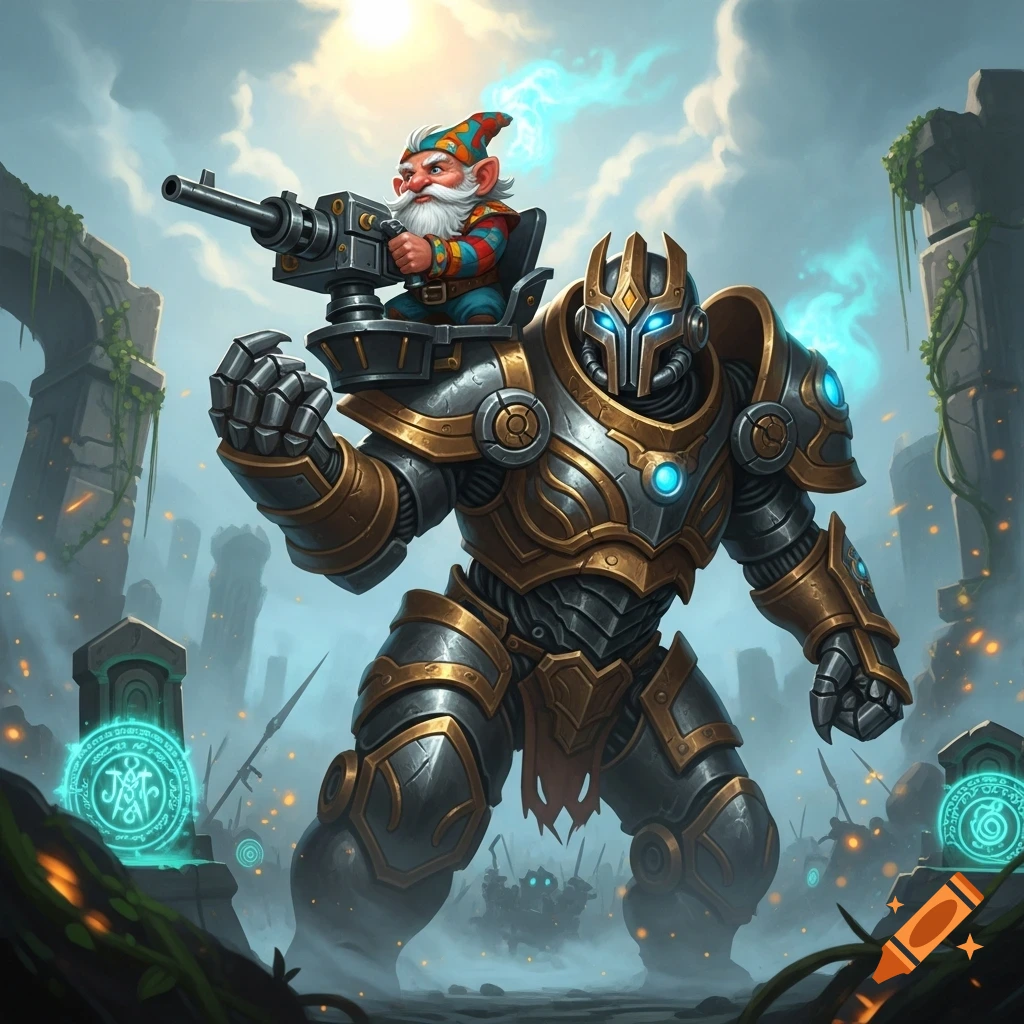 A fantasy gnome on a warforged mech operates a minigun turret in a ruined landscape with glowing runes.