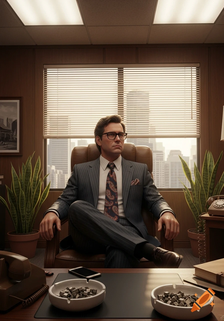 Photorealistic image of a disinterested man in a pinstripe suit and glasses, sitting in an 80s office with a city view.