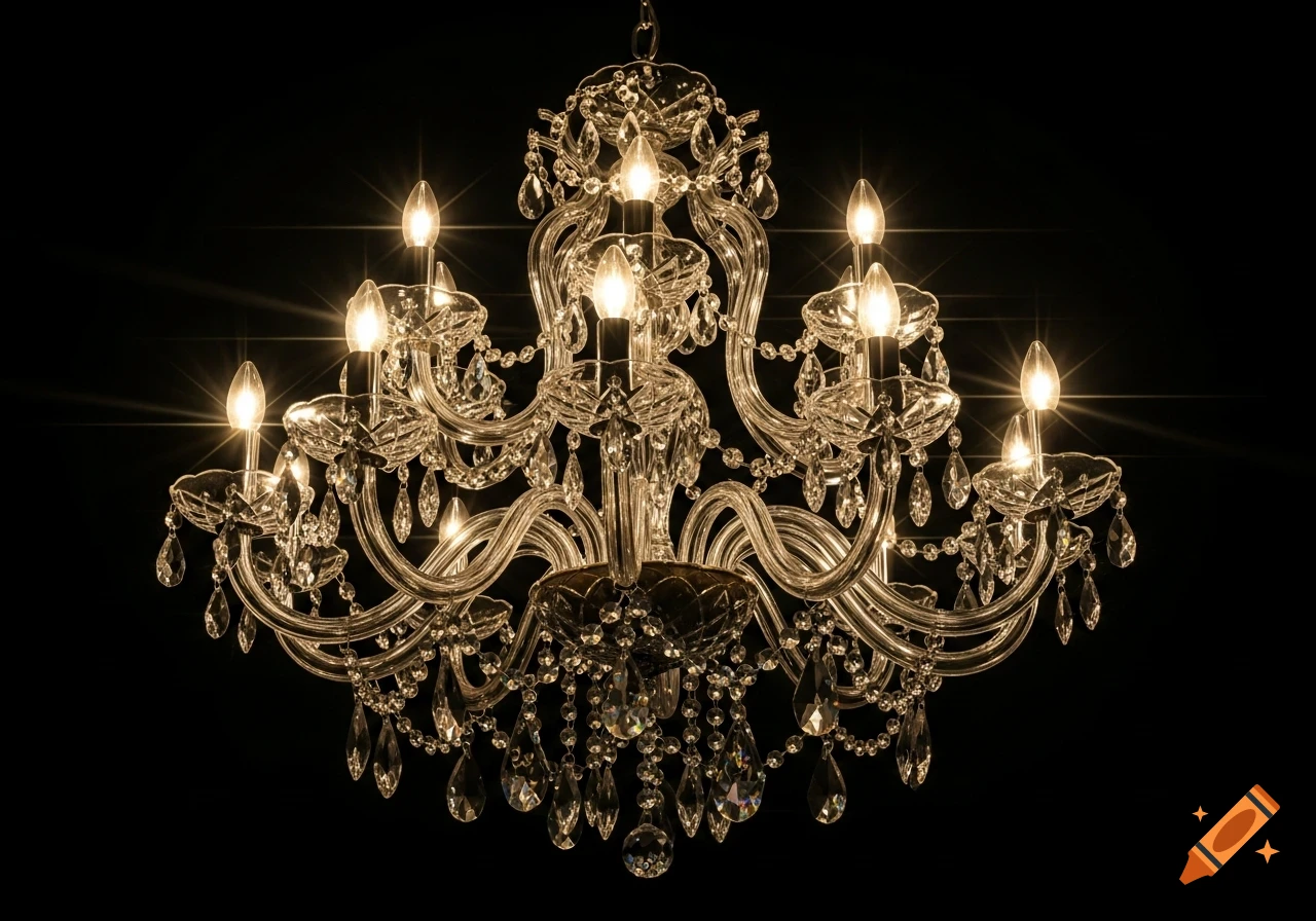 Brightly lit clear glass chandelier with multiple bulbs and starburst lens flares against a dark black background.