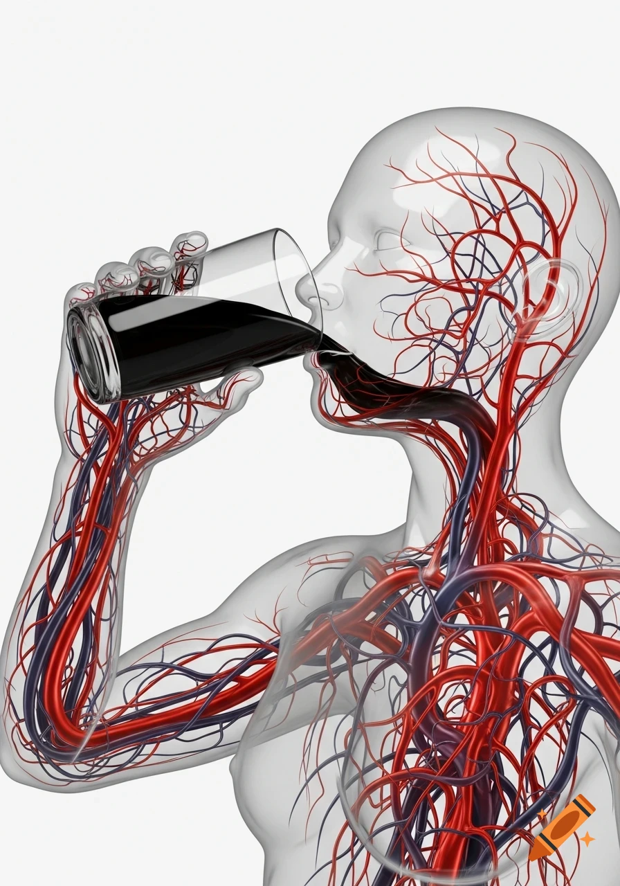Transparent human figure with visible red arteries and blue veins drinks dark liquid, flowing through its translucent body, in a scientific illustration.