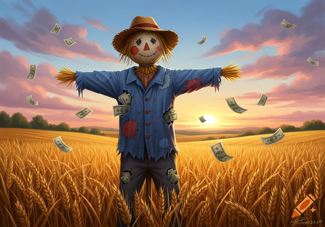 A straw scarecrow in a blue shirt with patches stands in a golden wheat field at sunset, with money bills flying around and poking out of its clothes.