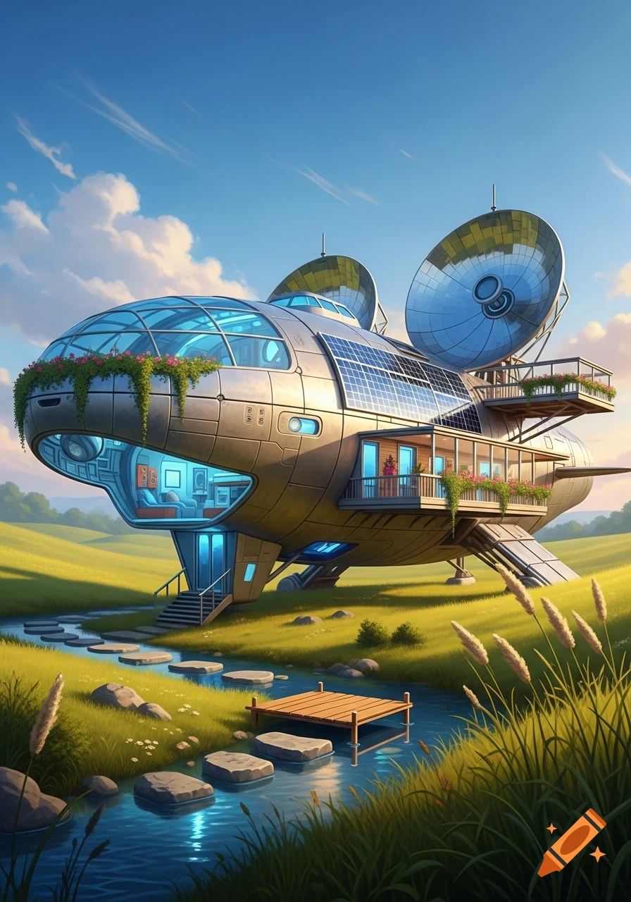A futuristic spaceship-like house with glass domes, solar panels, and balconies, set in a vibrant green landscape with a winding stream and stepping stones under a blue sky.