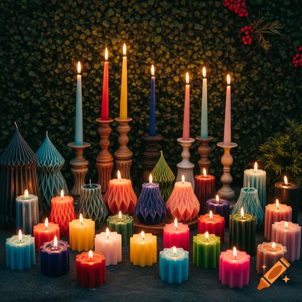 A vibrant collection of lit candles of various sizes and geometric shapes, some in wooden holders, glow against a dark green leafy background.